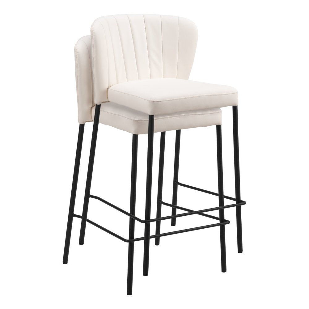 Set of Two 26" Cream And Black Faux Leather And Fabric And Steel Counter Height Bar Chairs