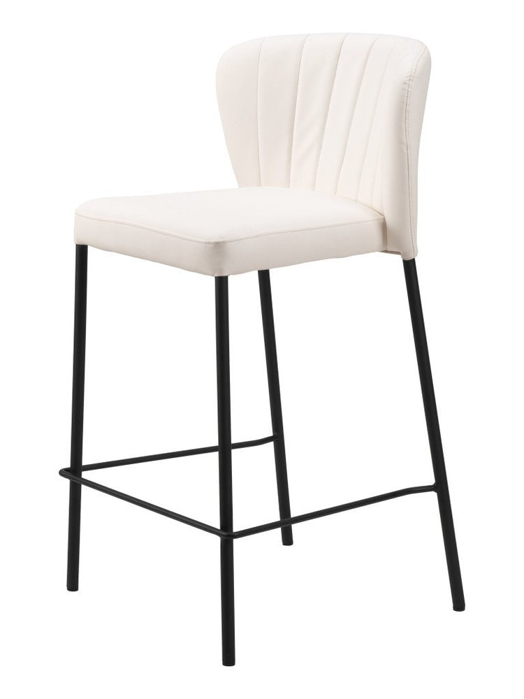 Set of Two 26" Cream And Black Faux Leather And Fabric And Steel Counter Height Bar Chairs