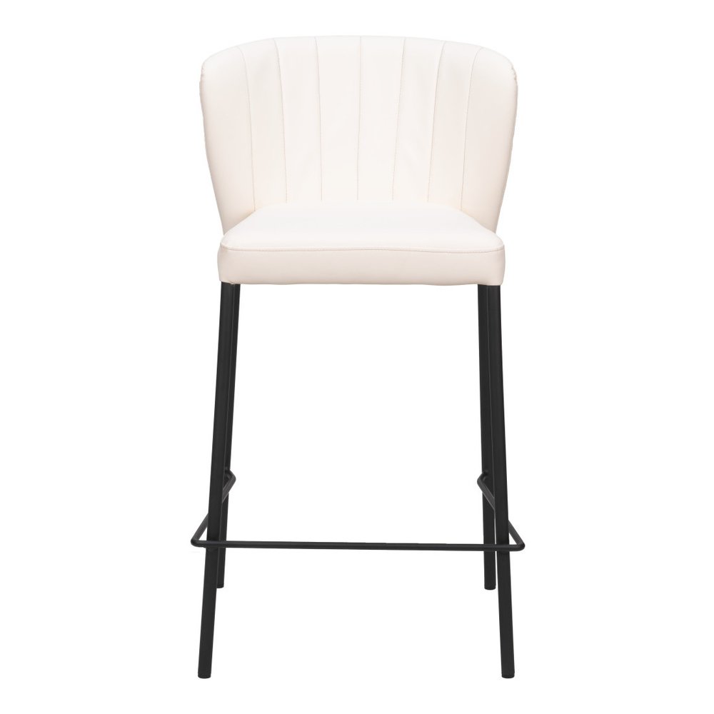 Set of Two 26" Cream And Black Faux Leather And Fabric And Steel Counter Height Bar Chairs