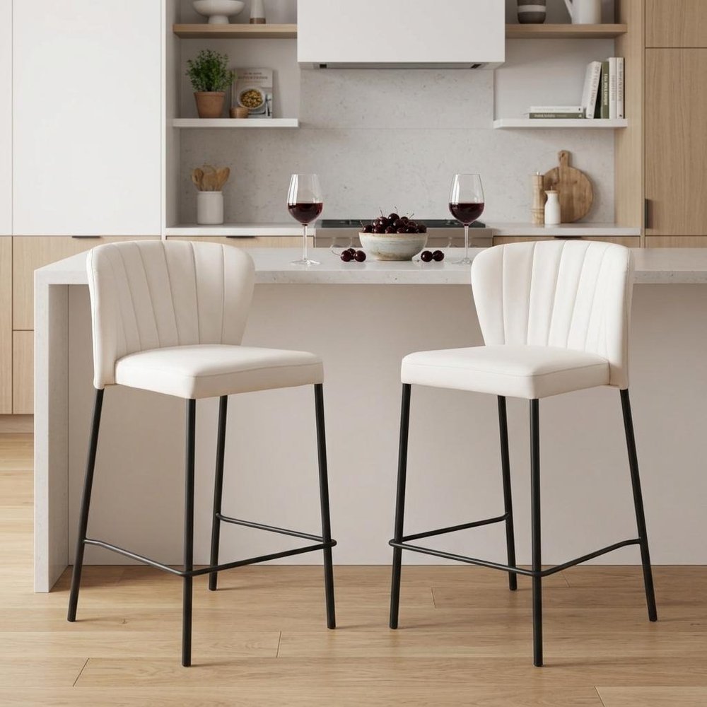 Set of Two 26" Cream And Black Faux Leather And Fabric And Steel Counter Height Bar Chairs