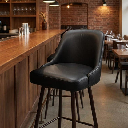 30" Black And Bronze Faux Leather And Fabric And Steel Bar Height Swivel Bar Chair