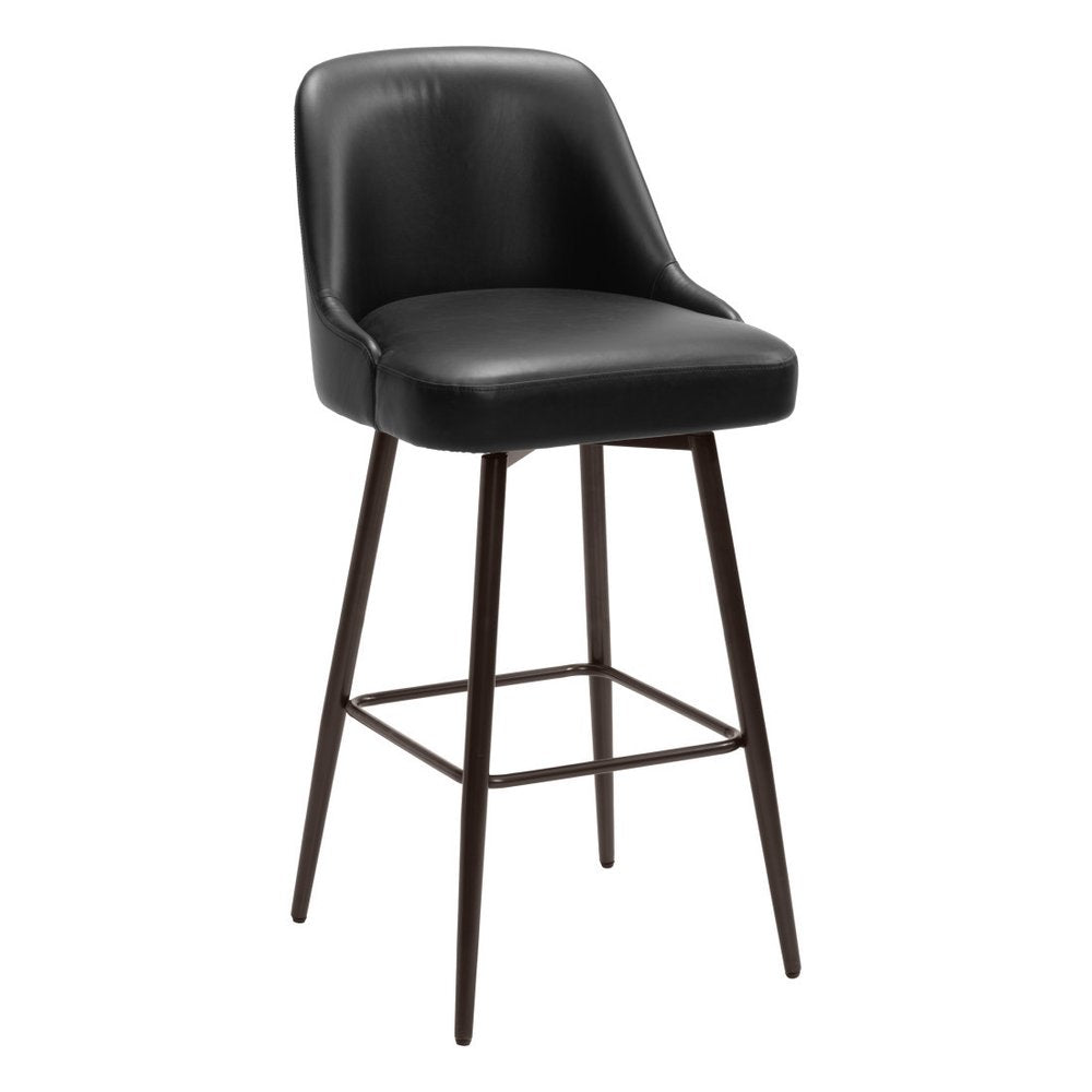 30" Black And Bronze Faux Leather And Fabric And Steel Bar Height Swivel Bar Chair