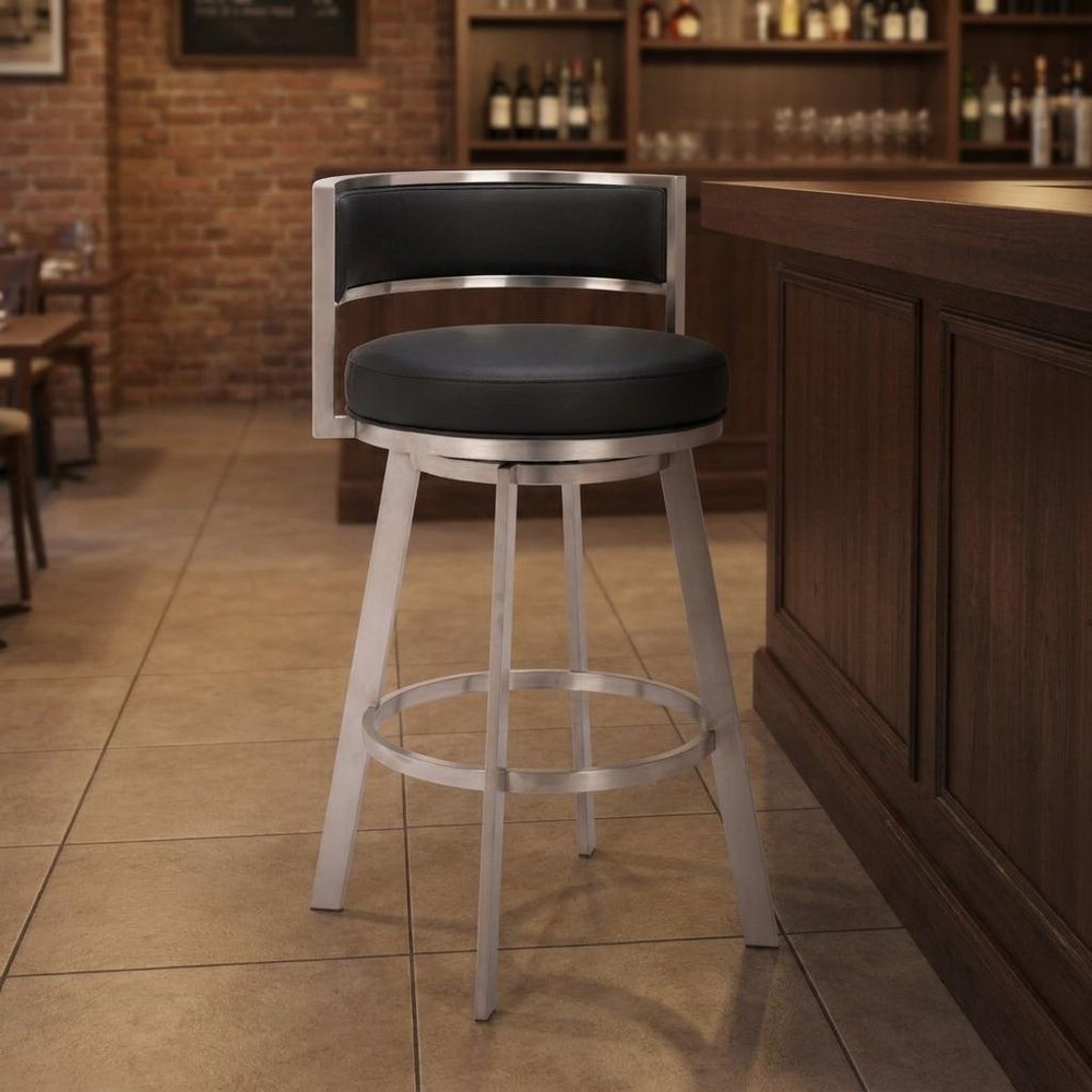 31" Black And Silver Faux Leather And Fabric And Steel Low Back Bar Height Swivel Bar Chair