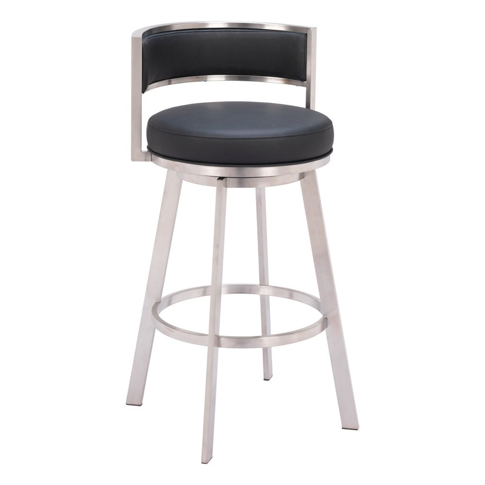 31" Black And Silver Faux Leather And Fabric And Steel Low Back Bar Height Swivel Bar Chair