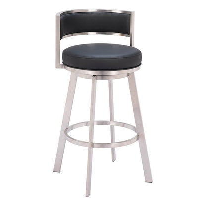 31" Black And Silver Faux Leather And Fabric And Steel Low Back Bar Height Swivel Bar Chair