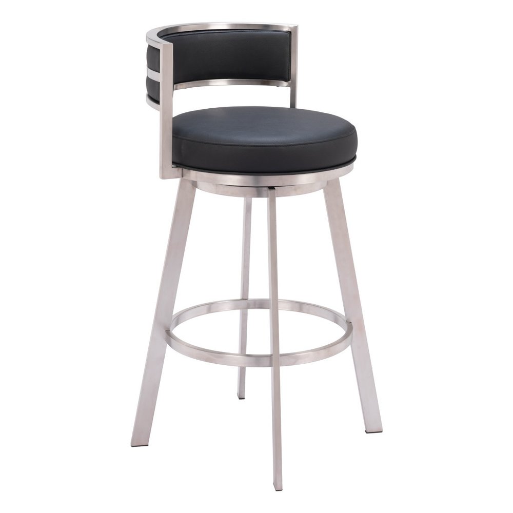 31" Black And Silver Faux Leather And Fabric And Steel Low Back Bar Height Swivel Bar Chair