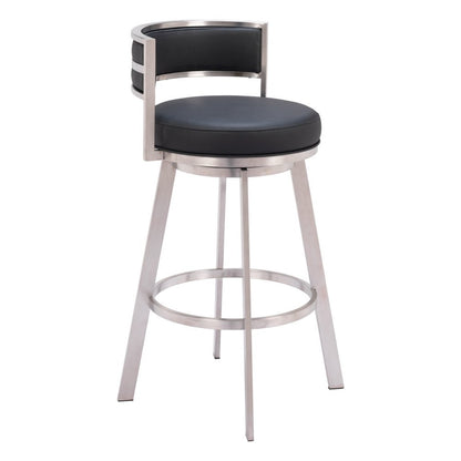 31" Black And Silver Faux Leather And Fabric And Steel Low Back Bar Height Swivel Bar Chair