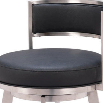 31" Black And Silver Faux Leather And Fabric And Steel Low Back Bar Height Swivel Bar Chair