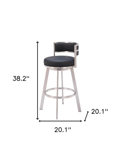 31" Black And Silver Faux Leather And Fabric And Steel Low Back Bar Height Swivel Bar Chair