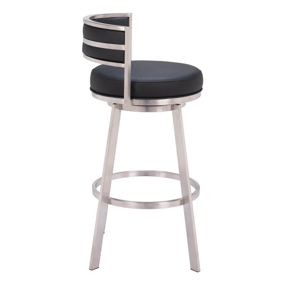 31" Black And Silver Faux Leather And Fabric And Steel Low Back Bar Height Swivel Bar Chair