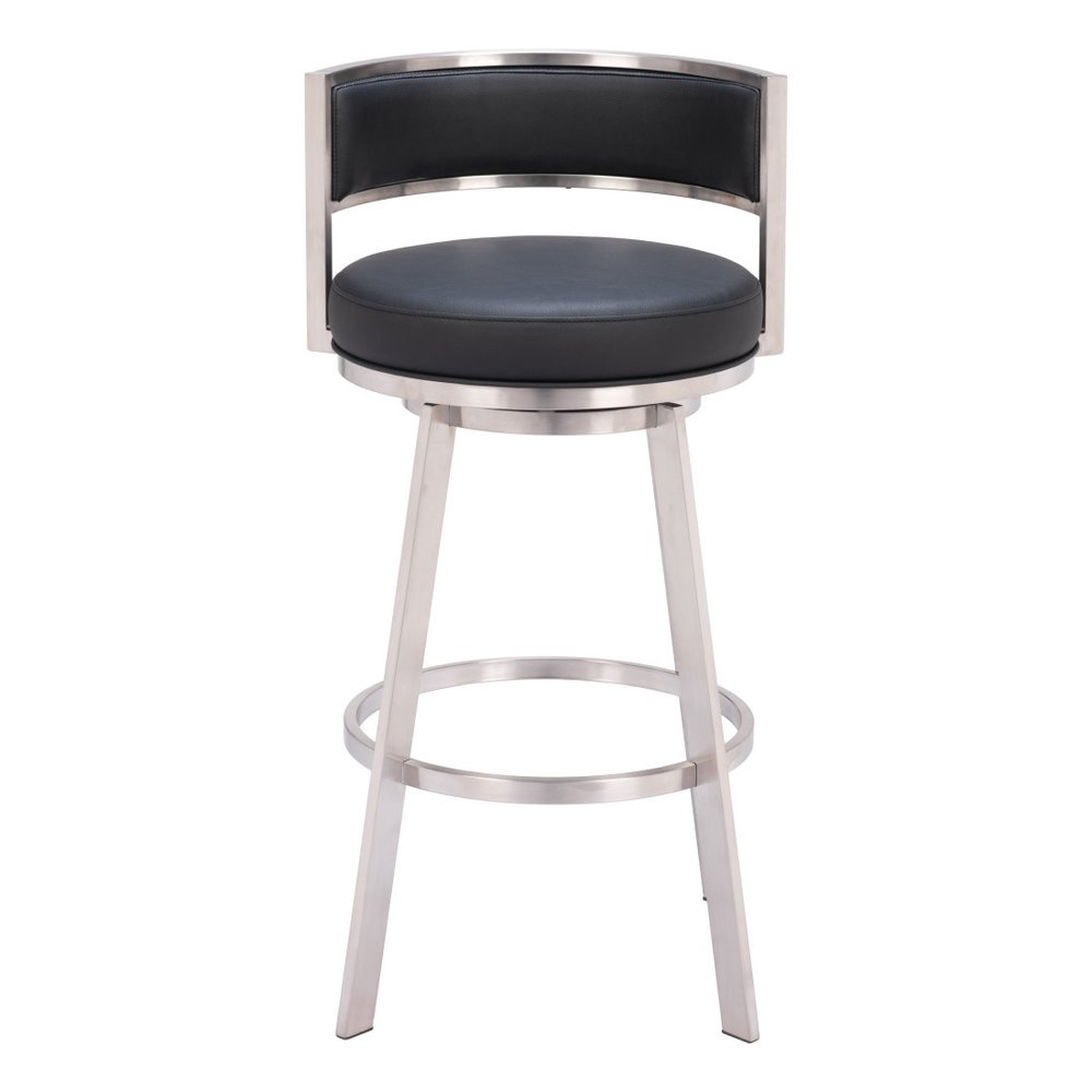31" Black And Silver Faux Leather And Fabric And Steel Low Back Bar Height Swivel Bar Chair