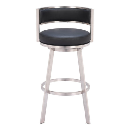31" Black And Silver Faux Leather And Fabric And Steel Low Back Bar Height Swivel Bar Chair