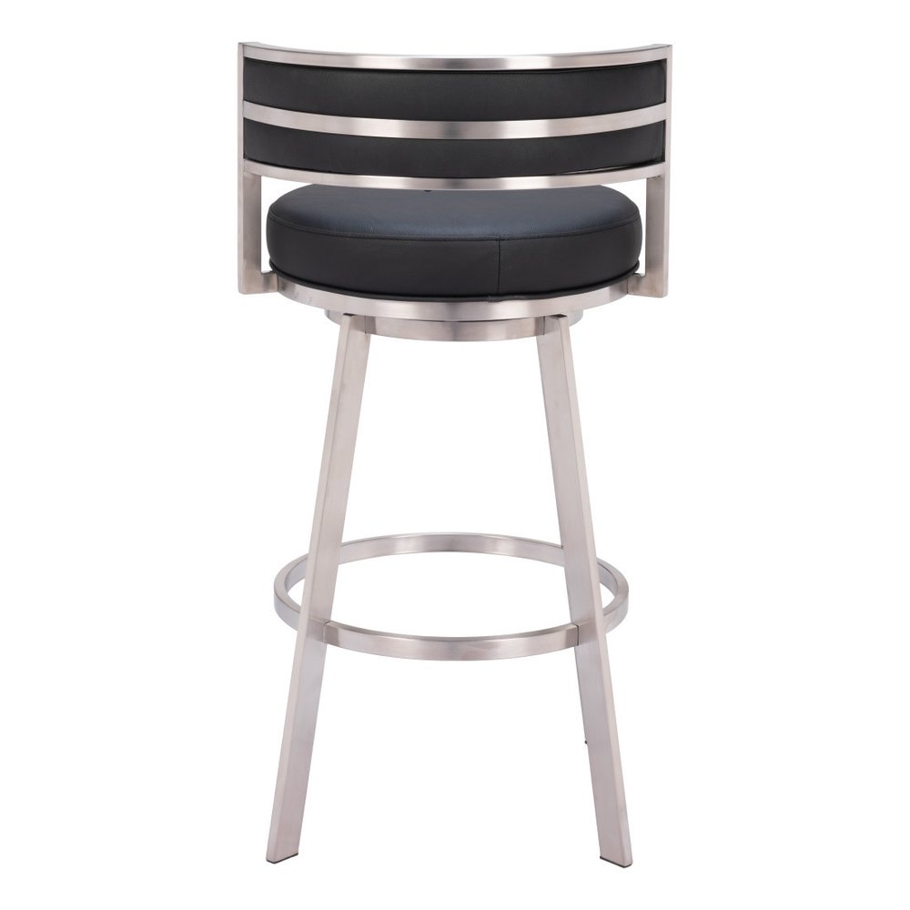 31" Black And Silver Faux Leather And Fabric And Steel Low Back Bar Height Swivel Bar Chair