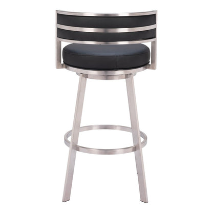31" Black And Silver Faux Leather And Fabric And Steel Low Back Bar Height Swivel Bar Chair