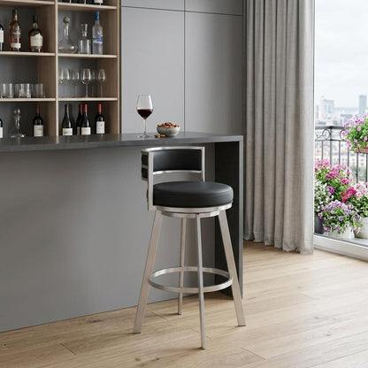 31" Black And Silver Faux Leather And Fabric And Steel Low Back Bar Height Swivel Bar Chair