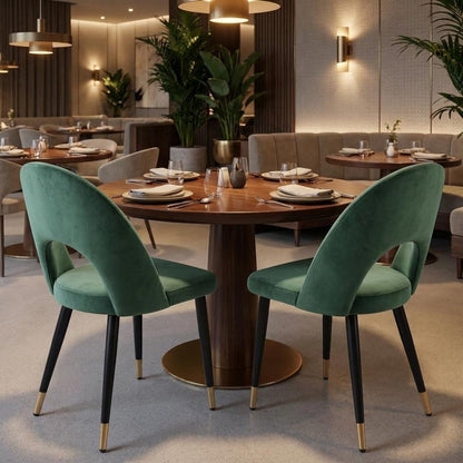 Set of Two Green Black and Gold Upholstered Velvet Open Back Dining Side Chairs