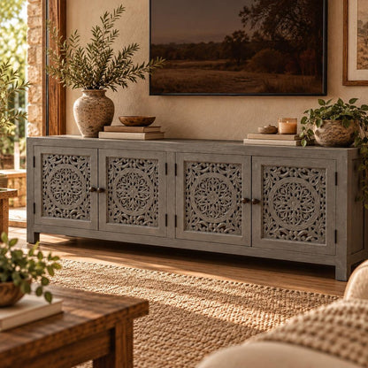 86" Dark Gray Carved Floral Distressed Solid Wood Enclosed Storage TV Stand