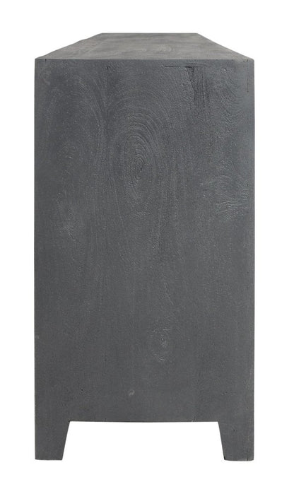 86" Dark Gray Carved Floral Distressed Solid Wood Enclosed Storage TV Stand