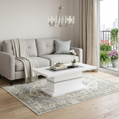52" White Wood And Faux Crystal Pedestal Coffee Table