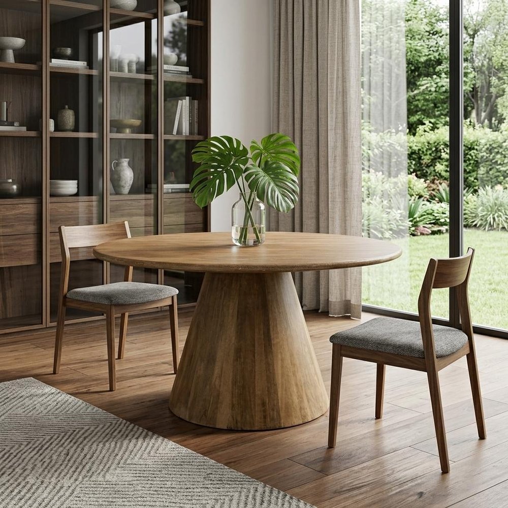 60" Natural Rounded Solid Wood Pedestal Base Dining Table