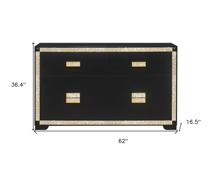 62" Black And Gold Faux Crystal Bling Wood Six Drawer Double Dresser