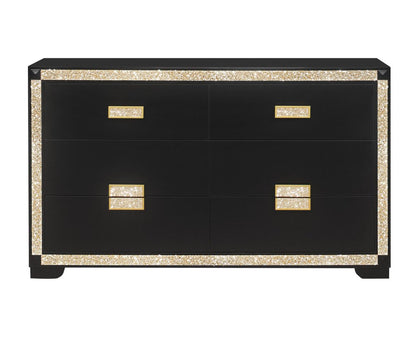 62" Black And Gold Faux Crystal Bling Wood Six Drawer Double Dresser