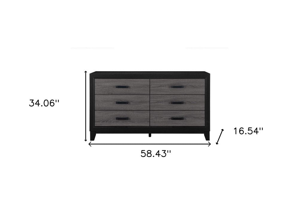 58" Black And Gray Wood Six Drawer Double Dresser