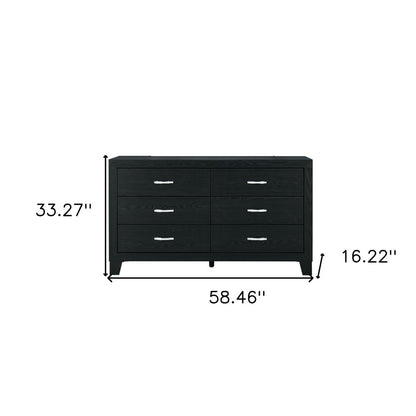 58" Black Wood Six Drawer Double Dresser