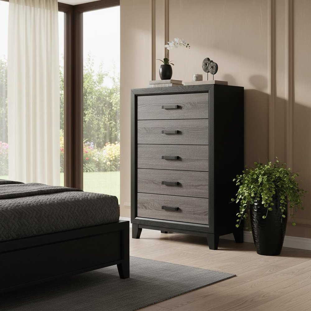 32" Black And Gray Wood Five Drawer Dresser