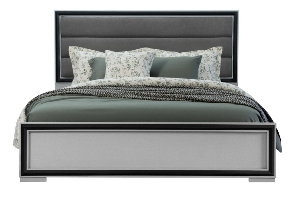 Gray Ribbed Texture Wood And Upholstery King Bed Frame