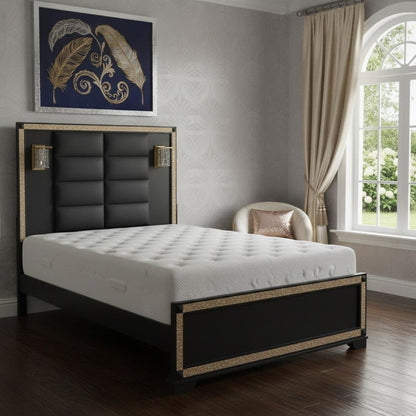 Black Faux Crystal Bling Wood And Upholstery Lighted Queen Bed Frame