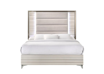 Beige White And Chrome Wood Upholstered Lighted Queen Bed Frame