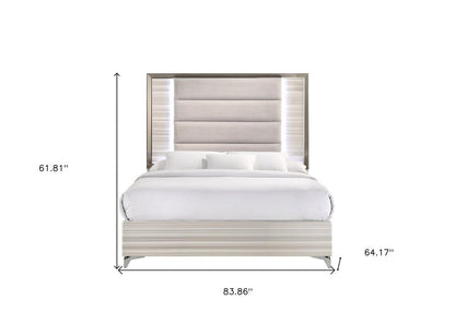 Beige White And Chrome Wood Upholstered Lighted Queen Bed Frame