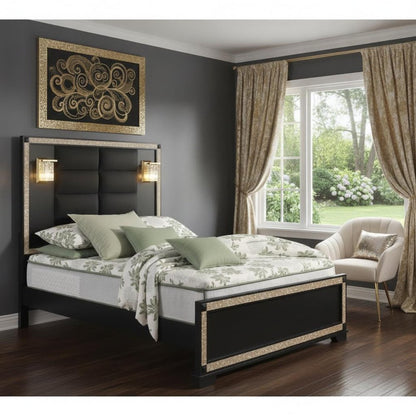 Black And Gold Faux Crystal Bling Wood And Upholstery Lighted Full Bed Frame