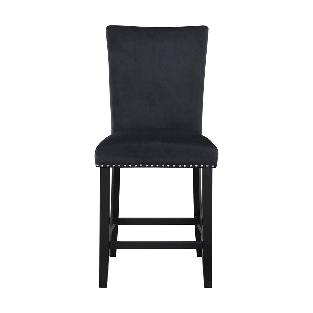 Set of Two 25" Black Velvet And Wood Counter Height Bar Chairs