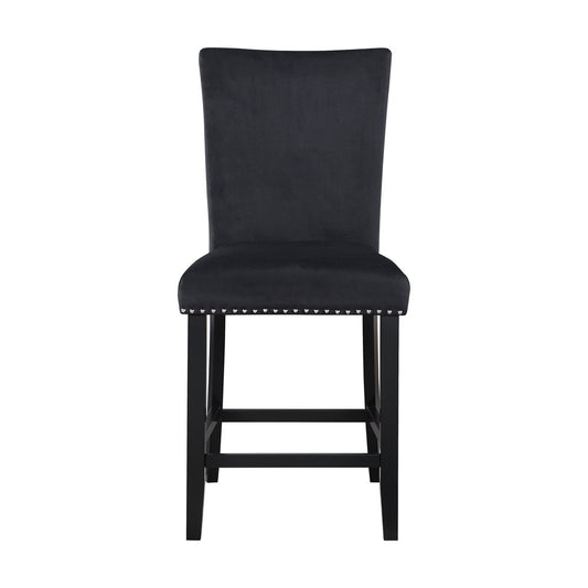 Set of Two 25" Black Velvet And Wood Counter Height Bar Chairs