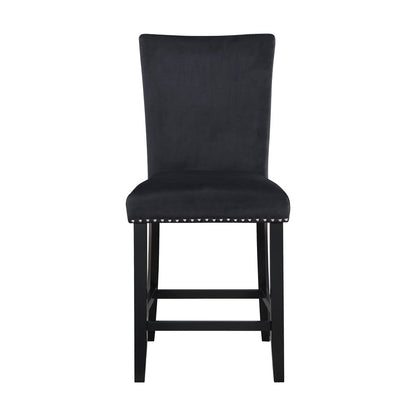 Set of Two 25" Black Velvet And Wood Counter Height Bar Chairs