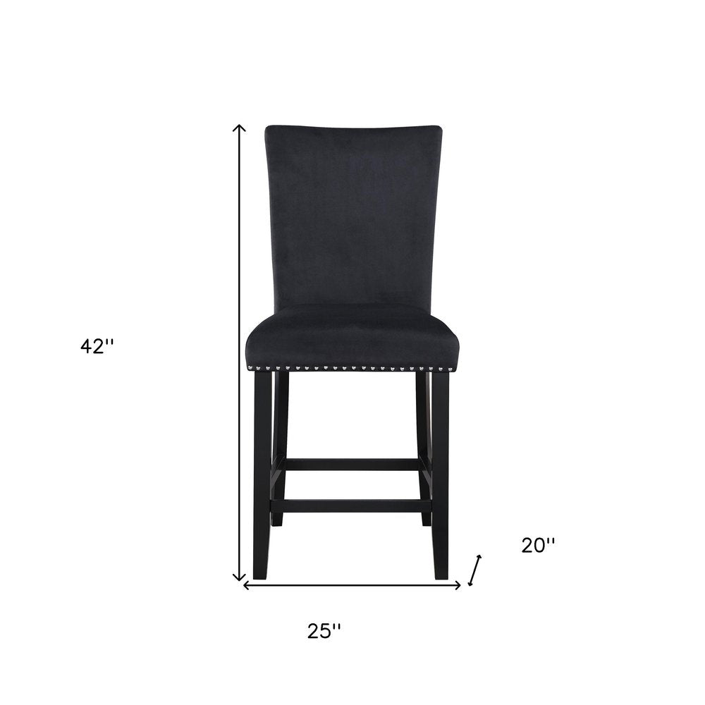 Set of Two 25" Black Velvet And Wood Counter Height Bar Chairs