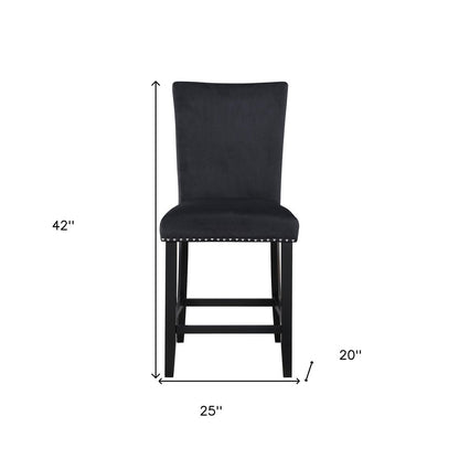 Set of Two 25" Black Velvet And Wood Counter Height Bar Chairs
