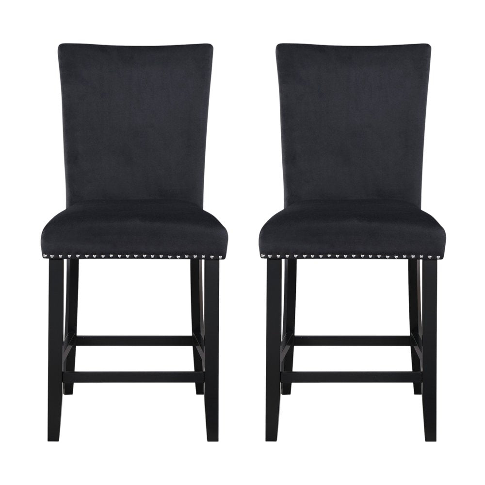 Set of Two 25" Black Velvet And Wood Counter Height Bar Chairs