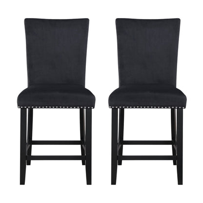 Set of Two 25" Black Velvet And Wood Counter Height Bar Chairs