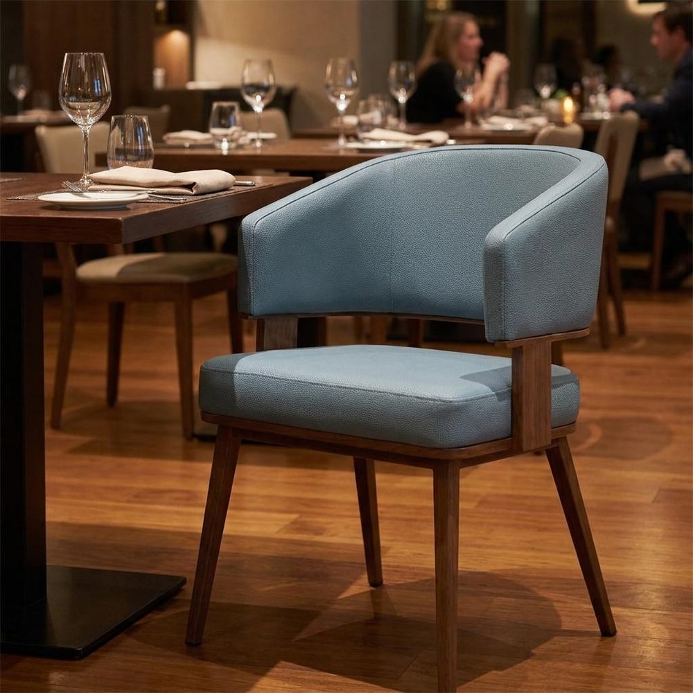 Gray and Walnut Faux Leather Open Back Dining Arm Chair