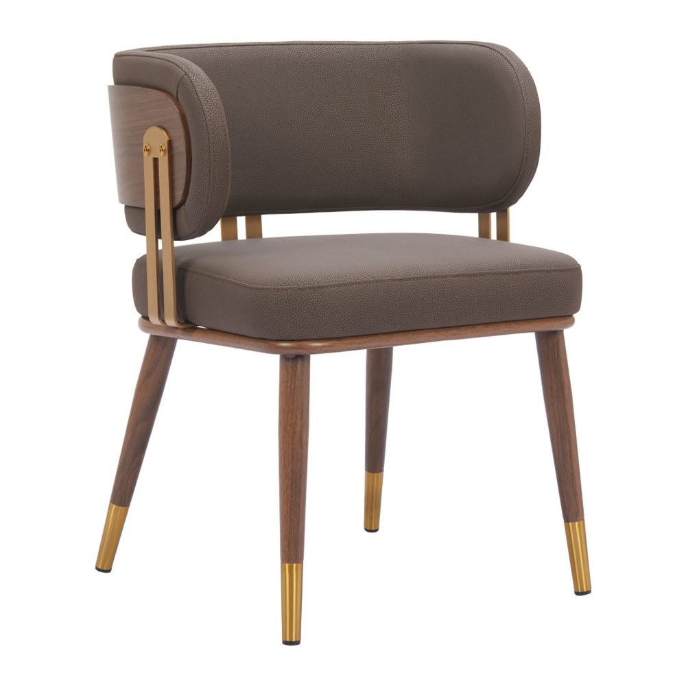 Brown and Walnut Upholstered Faux Leather Curved Back Dining Arm Chair