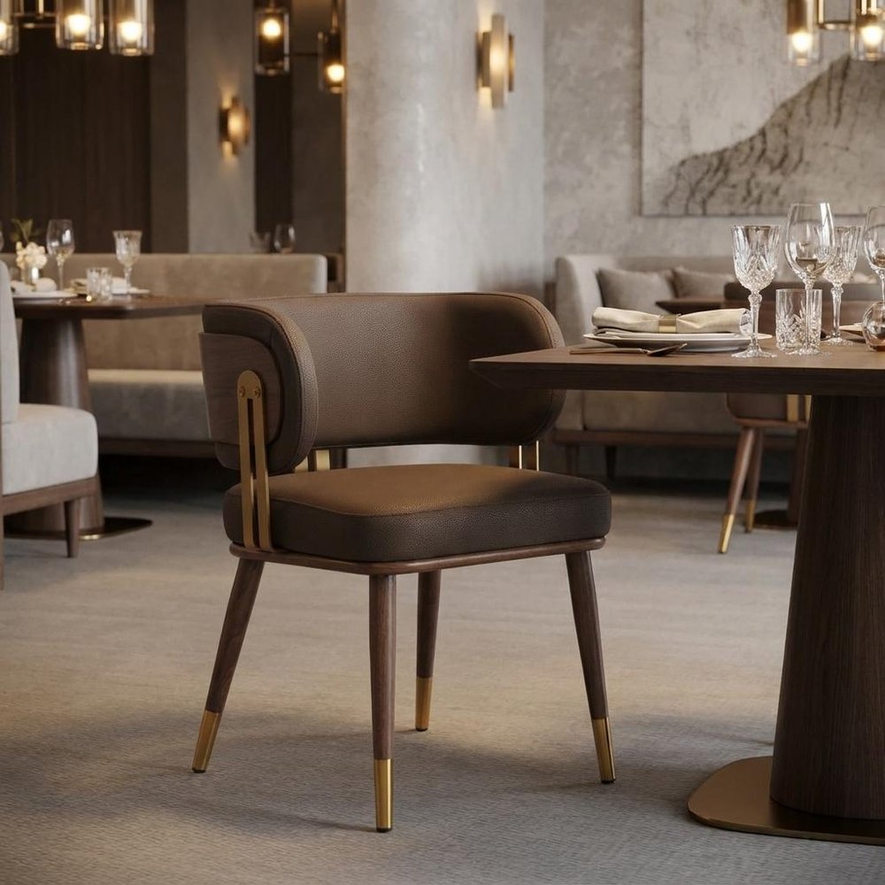 Brown and Walnut Upholstered Faux Leather Curved Back Dining Arm Chair
