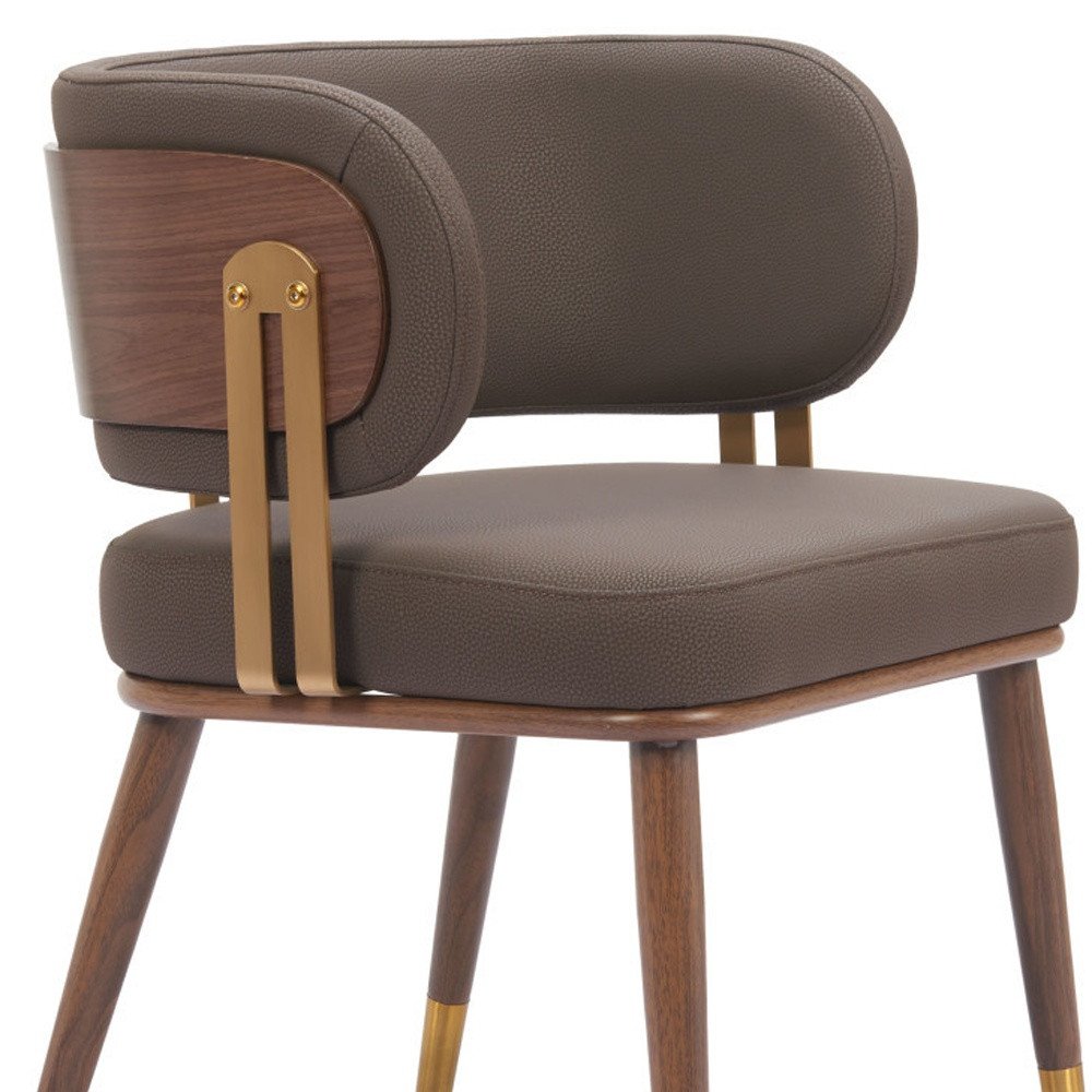 Brown and Walnut Upholstered Faux Leather Curved Back Dining Arm Chair
