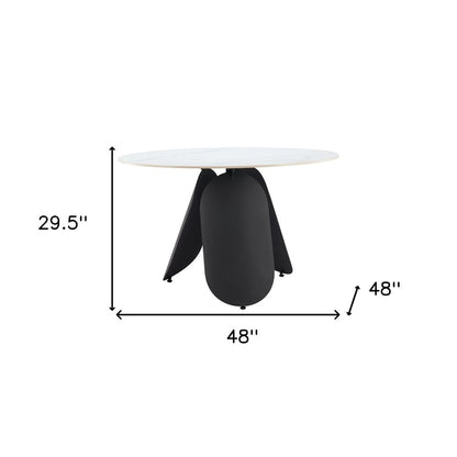48" White and Black Faux Marble and Steel Pedestal Base Round Top Dining Table