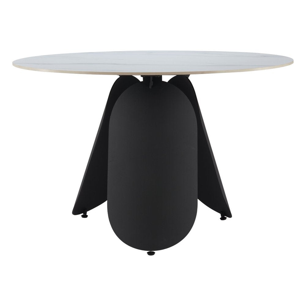 48" White and Black Faux Marble and Steel Pedestal Base Round Top Dining Table