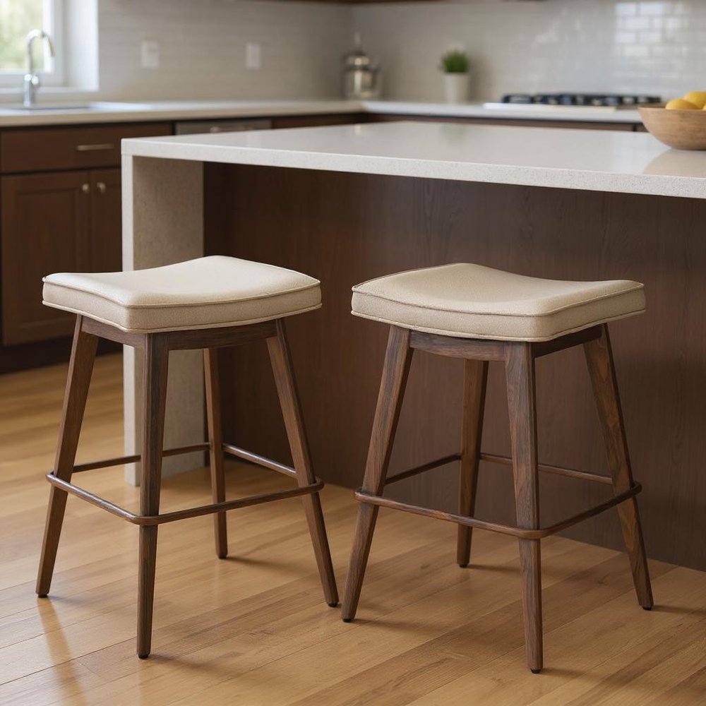 Set of Two 27" Beige And Walnut Faux Leather And Steel Backless Counter Height Bar Chairs