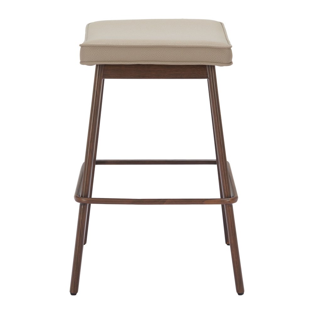 Set of Two 27" Beige And Walnut Faux Leather And Steel Backless Counter Height Bar Chairs