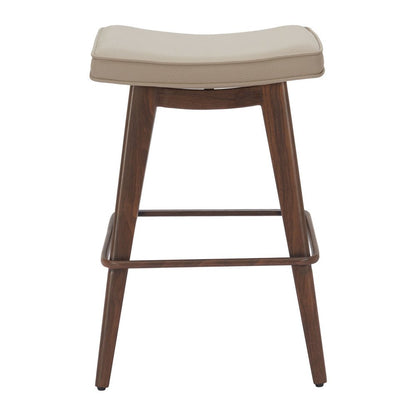 Set of Two 27" Beige And Walnut Faux Leather And Steel Backless Counter Height Bar Chairs